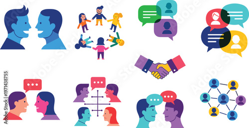 Set of communication and social interaction icons including conversation teamwork networking chat collaboration vector illustration collection modern flat design style