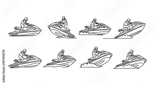 Line art illustration depicting various jet ski and rider positions