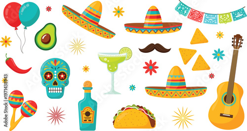 Cinco de Mayo Icons Set with Sombrero, Taco, Margarita, Guitar Vector Collection