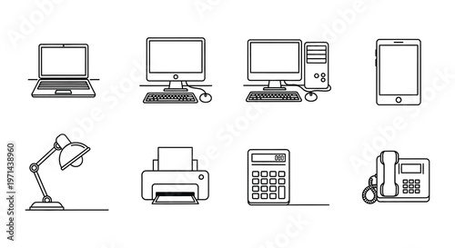 laptop, desktop, monitor, computer, keyboard, mouse, smartphone, tablet, printer, calculator, telephone, lamp, office, equipment, technology, devices, electronics, workplace, modern, minimalist, graph