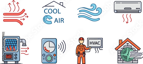 Set of heating ventilation and air conditioning icons including HVAC system cooling heating airflow technician equipment vector illustration collection design