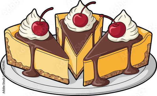 Cheesecake slices with chocolate topping, cherry dessert vector illustration isolated sweet bakery food design