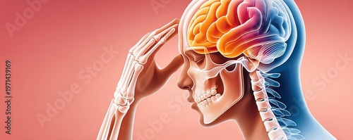Human head anatomy with highlighted brain showing headache pain and skeletal X-ray overlay