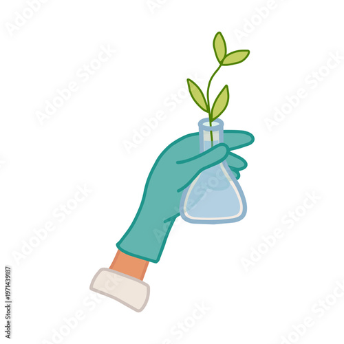 Vector illustration of a hand in a blue glove holding a test tube with a green plant. Botanical laboratory concept. Основные RGB