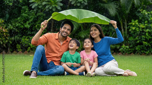 Happy Family Enjoying Rain Under Banana Leaf