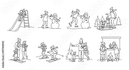 Children enjoying winter activities on playground slides and snow hills