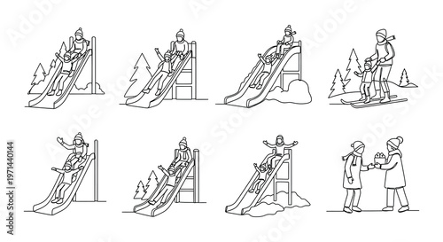 Children enjoying winter activities on playground slides and snow hills