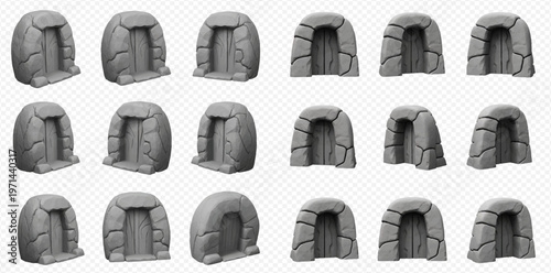 Set of ancient stone cave entrances or dungeon gates for fantasy game assets.