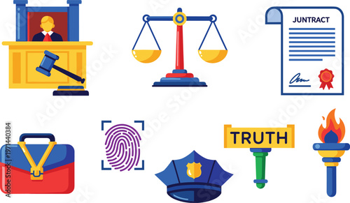 Set of law and justice icons including judge scales contract fingerprint police badge truth torch vector illustration collection modern design