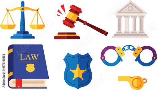 Set of law and justice icons including scales gavel courthouse police badge handcuffs legal book authority symbol vector illustration collection