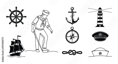 Nautical themed drawings including a sailor ship and lighthouse symbols