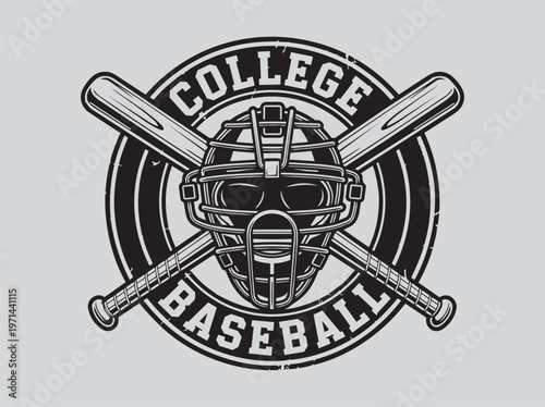 A monochrome graphic of a college baseball emblem. It features crossed bats, a catcher's mask, and the text College Baseball