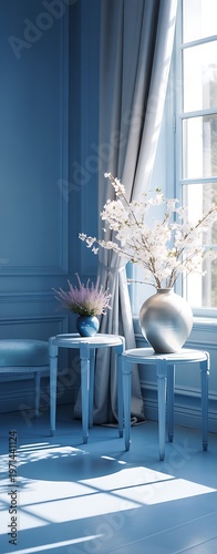 Soft sunlight through blue curtains illuminating minimalist decor with floral arrangement