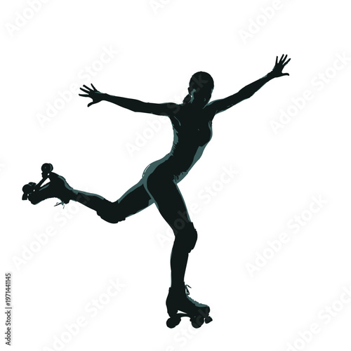 Silhouette of a Person in a Teal Outfit Rollerblading with Arms Outstretched