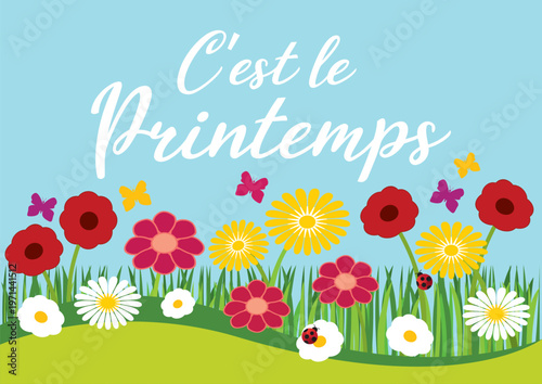 Hello spring. French language. Flowers and blue sky background. Horizontal hand drawn vector illustration.