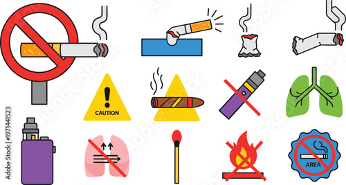 Set of no smoking and anti tobacco icons including cigarette warning lungs vape fire prohibition vector illustration collection modern design