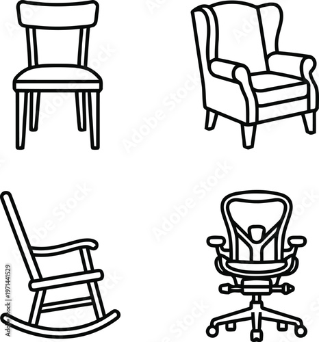 Four different types of chairs illustrated in simple line drawings isolated on white background, Vector