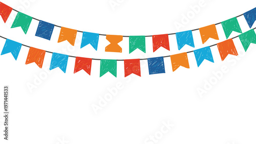Cheerful string of festive bunting flags, vibrantly colored with a charming crayon texture, perfect for any celebration on a bright white background.