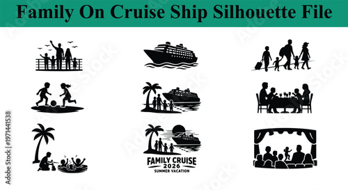 Family on cruise ship vacation silhouette graphics collection