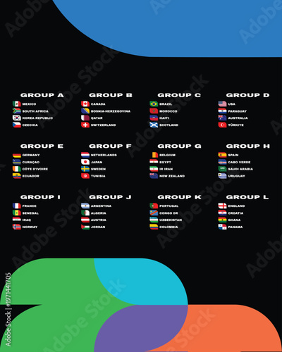 Groups 48 Countries Flags Emblem Symbol Design football Final Vector Countries Football Teams Illustration