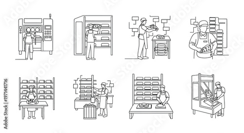 Line drawing of a bustling bakery with staff and various workstations