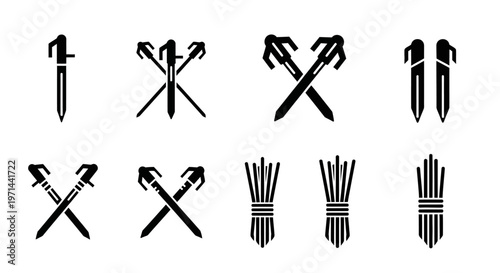 Black hammer icons, crossed hammer symbols, nail tools vector set, construction equipment graphics