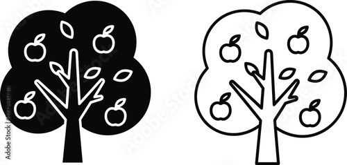 Apple Tree Icon Set Featuring Black and White Illustrations for Nature, Farming, and Agriculture Designs
