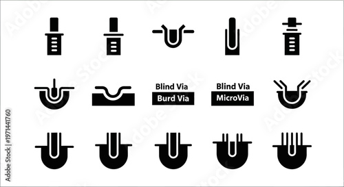 Blind Via, MicroVia, Buried Via icons, via types, pcb design elements, 13 symbols