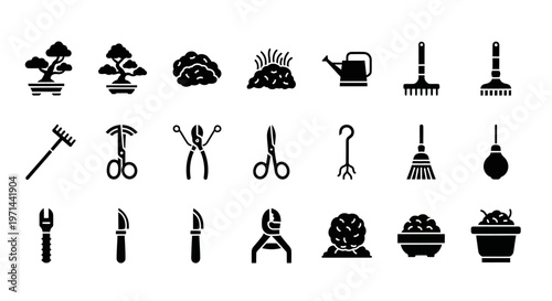 Gardening tools icons set, 20 black silhouette symbols, gardening equipment, lawn care, vector graphics