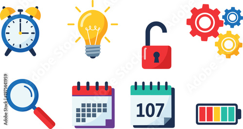 Set of productivity and business icons including alarm clock idea lock gears calendar battery vector illustration collection modern flat design