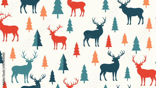 Festive seamless pattern showcasing graceful stylized deer and colorful pine trees in a charming red, orange, and blue palette, perfect for winter or Christmas designs.