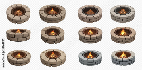 Set of isometric fire pits with burning flames and stacked logs in various designs and colors.