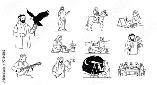 Illustrations of traditional arabian culture and desert lifestyle elements