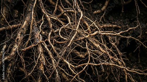 Macro close-up of tangled tree roots exposed in soil, showing a complex underground root network. Natural texture illustrating plant stability, growth, resilience, and connection to the earth.