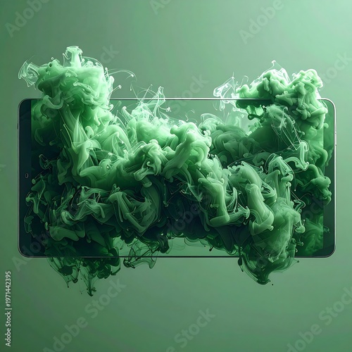 A flat screen device seemingly absorbs a vibrant cloud of green, flowing smoke against a matching green backdrop