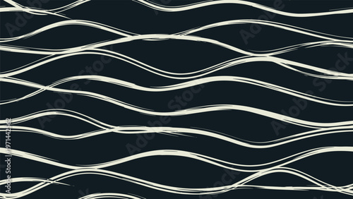Tranquil seamless pattern featuring delicate thin, wavy, hand-drawn lines in a soft light beige, gracefully flowing across a dark, deep background.
