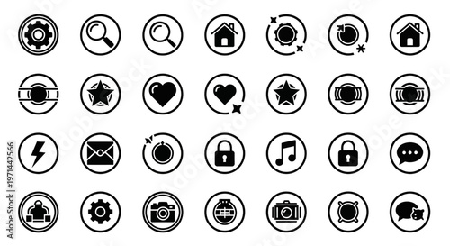Black security, icon set, 25 lock, safety, web, app symbols, minimalist design