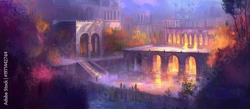 Mystical Cityscape: Illuminated Arches, Reflective Water, Dreamy Atmosphere, Fantasy Art.
