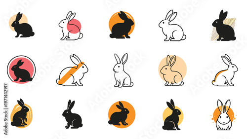 Diverse collection of stylized rabbit icons and charming illustrations, presented in a clean black, white, and orange palette with abstract background elements.