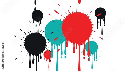 Dynamic abstract composition of vibrant paint splatters and expressive drips in a striking black, teal, and red color combination on a crisp white background.