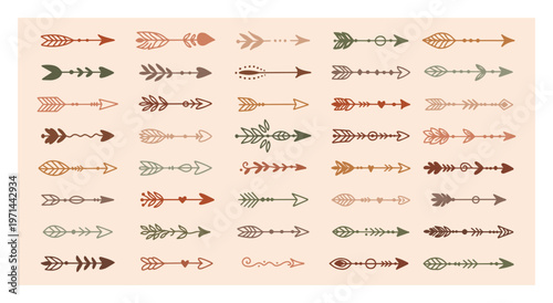 Doodle collection of hand drawn colored arrows. Simple set tribal arrows with various geometric shapes in sketch style.
