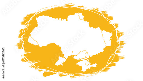Symbolic outline map of Ukraine, elegantly encircled by a bold grunge brush stroke in a vibrant yellow, standing proudly on a clean white background.