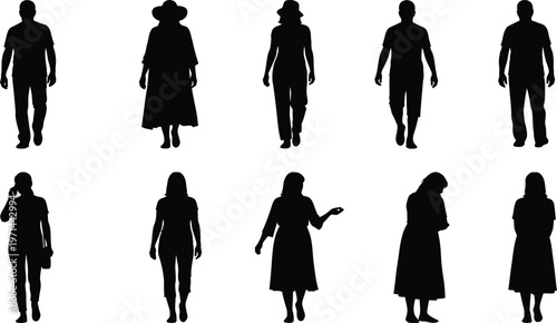 Fotografie Walking people silhouette set vector front view men women casual standing poses