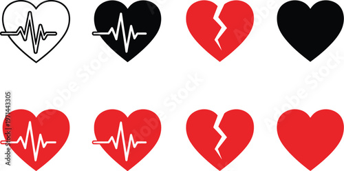 Heart icon vector illustration set with various designs depicting health, romance, and emotional states for graphic projects.