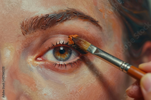 An artist painting a picture of a woman's face, using thick layered paint, impasto technique, the brush stroke working carefully around her eye, creating a realism portrait of a female model. Closeup.