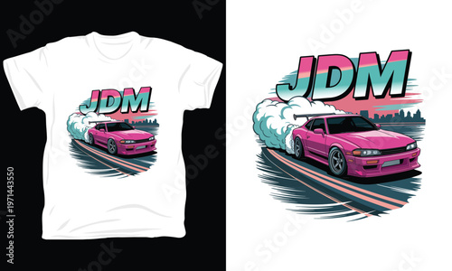 Pink jdm drift car speeding on city highway vector illustration art.