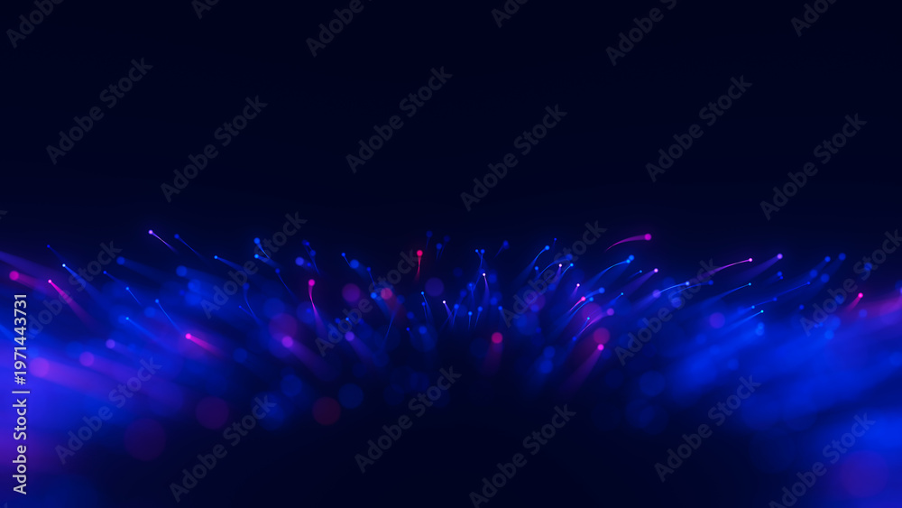 Fototapeta premium Closeup of Big data light speed flow outwards left bottom. Abstract digital data stream of quantum computing. Cyberspace of qubit trail waves. Modern tech information transmission. Ai neural network