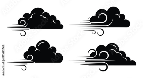 Black silhouettes of clouds with wind swirls and flowing air currents