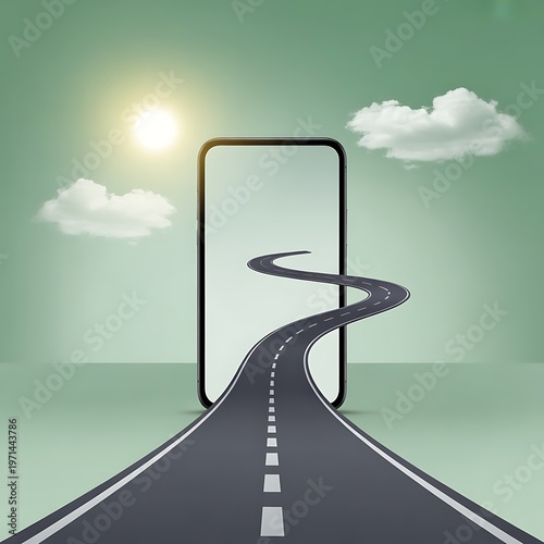 Empty smartphone frame on winding road at sunrise with dramatic sky background