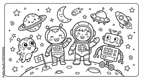 Children in space suits standing together.